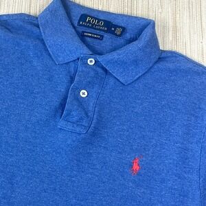Polo Ralph Lauren Mens Custom Slim Fit Polo Shirt Blue Heather Red Pony Size M